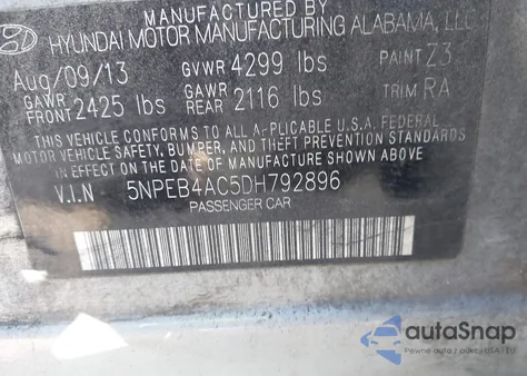 2013 Hyundai Sonata Gls из США, поврежденный, VIN 5NPEB4AC5DH792896